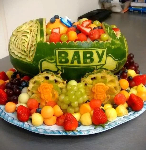 Baby shower fruit platter and melon carving